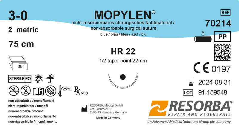 Мопілен USP3-0 синій, довжина 75см, колюча голка 22 мм, 1/2 кола